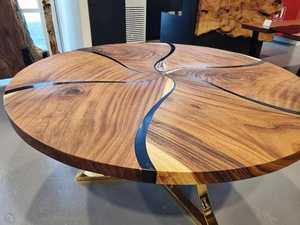 Contemporary Round Wood Resin Dining <b>Table</b> Handmade Solid Hardwood Furniture with Artistic River Design - Product Image 1