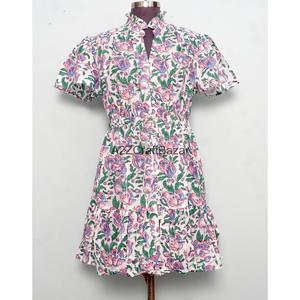 Robe trapèze bohème mini en pur coton doux pour femme, imprimé palmiers fait main, style minimaliste, décontractée, pour soirée, tenue de bureau formelle - Product Image 2