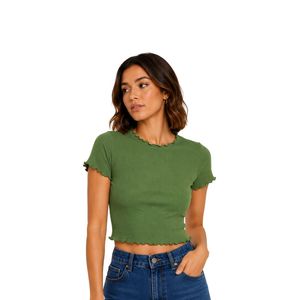 Olive Green Ribbed Crop <b>Top</b> Women Short Sleeve Lettuce Trim Crew Neck Cotton Spandex Slim Fit Casual Summer T Shirt Custom OEM - Product Image 1