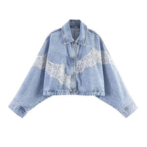 Women's Casual Denim Jacket with <b>Lace</b> Paneling Turn-Down <b>Collar</b> and Loose Fit Washed for Autumn Season - Product Image 4