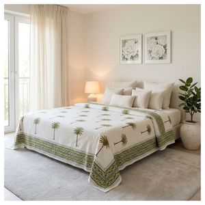 Cubrecama de Algodón con Diseño de Palmeras, Tamaño Queen, Estilo Tradicional, Lavable, del Mejor Fabricante Indio - Product Image 1