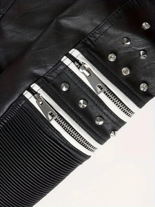 Blouson Moto Femme en Cuir PU Noir et Blanc, Manches Longues, Rivets Décoratifs, Fermeture Éclair, Col Rabattu, Style Automne – Vente en Gros - Product Image 5