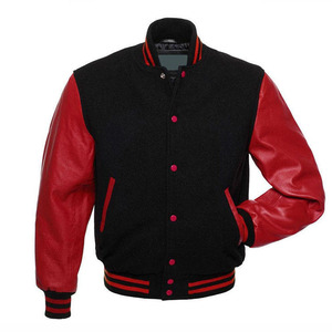Custom Black <b>Red</b> Waterproof Windproof Unisex Varsity Jacket Manufacturer Wholesale <b>Wool</b> Body <b>Red</b> Leather Sleeves Jacket - Product Image 1