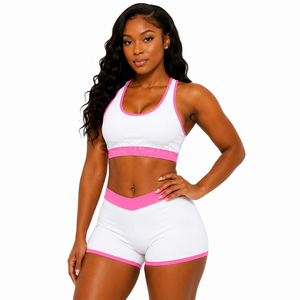 Cosh International Sisterhood Sorority White <b>Pink</b> Contrast Yoga Set 2 Piece <b>Crop</b> <b>Top</b> Shorts High Waist Seamless Breathable - Product Image 1