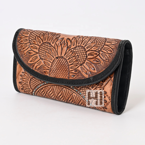 Luxury Vintage Style Women's <b>Genuine</b> Cowhide <b>Leather</b> Trifold <b>Wallet</b> Floral Tassel Custom OEM RFID Long Tooling Carving Features - Product Image 2