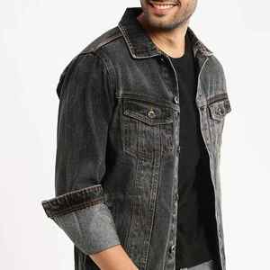 Veste en jean noire pour homme, col rabattu, manches longues, fermeture à cordon, effet vieilli, vintage, imperméable, décontractée, pour l'automne - Product Image 3