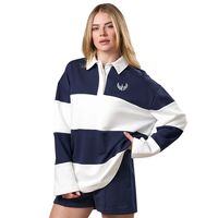 Camisa de Rugby a Rayas Azul Marino y Blancas para Mujer, Manga Larga, Cuello Camisero, Estilo Casual, Corte Holgado, Mezcla de Algodón, Uso Diario