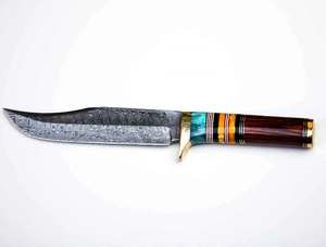 Premium clip <b>profile</b> damascus steel campsite heavy Utility <b>Tool</b> Stacked Turquoise Resin Rosewood Handle Brass Guard - Product Image 1