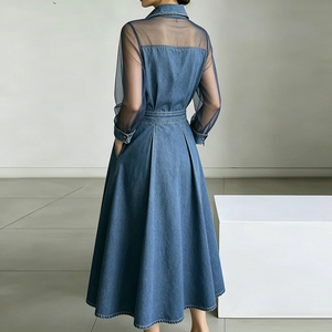 Vestidos maxi vintage de corte A, de cintura alta, con botones, bolsillos, malla transparente, color liso y solapa dividida - Product Image 1