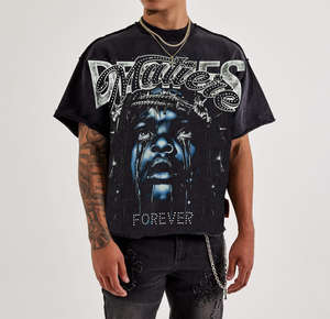 เสื้อยืดโอเวอร์ไซส์สีดำหนานุ่มสไตล์วินเทจ ลุคทำเก่า ประดับคริสตัล พิมพ์ลาย DTG สตรีทแวร์ ยูนิเซ็กส์ - Product Image 4