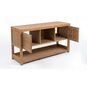 Meuble-lavabo double vasque en bois de teck, finition naturelle, meuble de rangement en bois massif avec étagère - Product Image 5