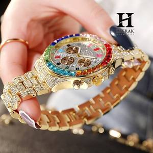 Reloj de Lujo para Hombre con Bisel Arcoíris, Reloj de Pulsera HipHop con Diamantes de Imitación en Oro, Cronógrafo con Piedras de Corte Baguette Coloridas - Product Image 4