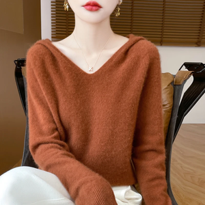 Pull en tricot à col en V, couleur unie, coupe classique, vêtement décontracté d'automne, haut rouge à manches longues pour femme - Product Image 1