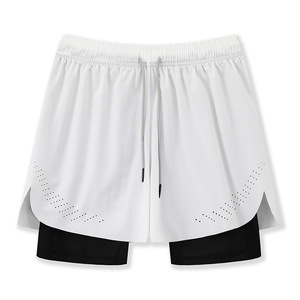 Pantalones cortos deportivos 2 en 1 para hombre con forro de compresión, de secado rápido, con cordón ajustable, blancos y negros. - Product Image 1