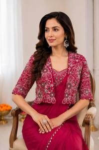 Ensemble de sari élégant pour femmes, veste brodée marron, longueur au sol, tenue de mariage indienne pakistanaise - Product Image 2