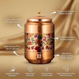 Réservoir à eau en cuivre avec imprimé floral, capacité de 5 litres, anti-fuite, robinet, couvercle martelé, pot de stockage d'eau en cuivre fait main - Product Image 4