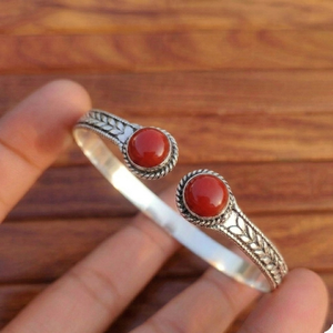 Boho Coral Duo Stone Open <b>Cuff</b> Bangle Artisan <b>Silver</b>/Gold Plated Unisex Statement <b>Bracelet</b> Wholesale Jewelry - Product Image 4