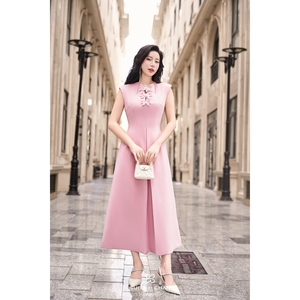 Vestido Maxi Rosa sin Mangas para Mujer, Cintura Definida, DORA VIVI KA, Casual, Tela de Microfibra, Corte en A, Ajustado - Product Image 1