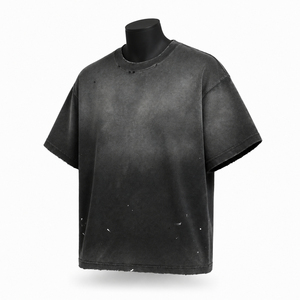 Camiseta de algodón negra lavada de corte holgado para hombre, manga corta, cuello redondo, informal, lisa - Product Image 3