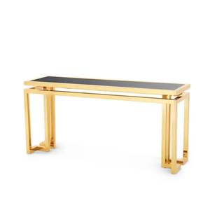 Table console de style moderne et luxueux en acier inoxydable doré avec plateau en verre trempé noir, meuble design pour entrée et couloir, en solde - Product Image 1
