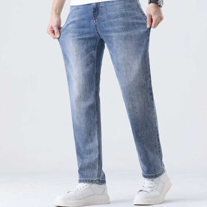Best Quality 100% Cotton Lightweight Casual High Street Flat Front <b>Men's</b> Straight Canvas <b>Jeans</b> <b>Elastic</b> High-<b>Waist</b> Breathable - Product Image 2