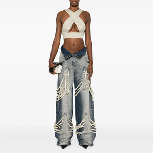 Jean large à lacets pour femme, en denim déchiré, style streetwear, avec détails en dentelle, taille haute, coupe baggy, jambe évasée - Product Image 1