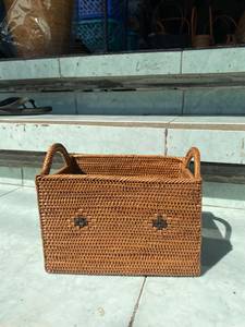 Cesta de Almacenamiento de Ratán, la Más Vendida en Indonesia, Forma Cuadrada, Dos Asas, Patrón Geométrico, Duradera, Parte Superior Abierta, Uso Diario, Unisex - Product Image 1