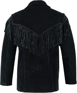 Veste en daim noir de qualité supérieure pour homme, style western vintage, avec franges et détails en cuir faits à la main, vente en gros - Product Image 2