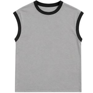 Camiseta sin Mangas Gris con Ribete Negro para Mujer, Chaleco Casual de Verano de Algodón, Cuello Redondo, Diseño Liso, Tops de Moda Personalizados, Estilo OEM - Product Image 1