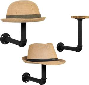 Industrial Pipe Hat Rack Hooks with Wooden <b>Shelf</b> Black Metal Brown Wood <b>Wall</b> <b>Mount</b> Organizer for Hats Wigs Helmets Caps - Product Image 1