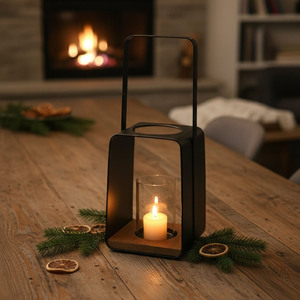 Porte-bougie en métal noir de style moderne avec base en bois et insert en verre transparent pour une bougie, design nordique pour la décoration de la maison - Product Image 2