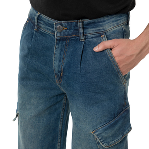 Pantalones Cargo de Mezclilla Tejida Azul Oscuro para Hombre, Corte Regular, Pierna Ancha, Multibolsillos, Casuales, Lavados, Largos, Utilitarios, para Invierno - Product Image 3