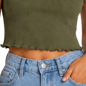 เสื้อโปโลครอปผู้หญิง แบรนด์ Olive ผ้าถักลายริบ แขนสั้น ทรงเข้ารูป คอวี ชายเสื้อแบบ Lettuce Hem ผ้าเนื้อยืด สไตล์ลำลอง แฟชั่นฤดูร้อน - Product Image 6