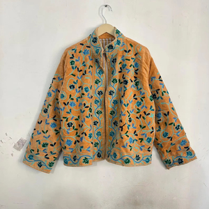 Mustard Orange Velvet Floral Suzani Embroidered Breathable Stand Collar Boho Jacket Women Ethnic Short Coat Festive Winter Wear - Product Image 1