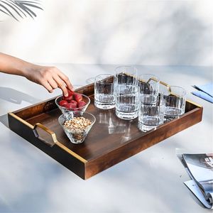 Luxury <b>Walnut</b> Wood Serving Tray with Gold Metal Handles Large Rectangular Decorative Ottoman Tray for <b>Coffee</b> <b>Table</b> Food Drinks - Product Image 1