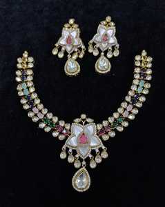 Indian Bridal AD CZ <b>Necklace</b> Set Girls Women party with Rose Quartz Pear Cut Crystals and <b>Matching</b> Earrings for Wedding - Product Image 1