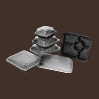Conteneur alimentaire en plastique jetable avec couvercle pour emporter, design minimaliste, noir, 5 compartiments