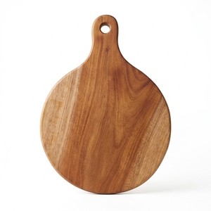 Planche à pizza ronde en teck massif naturel, planche à découper, plateau de service pour charcuterie, spatule en bois avec trou de suspension - Product Image 1
