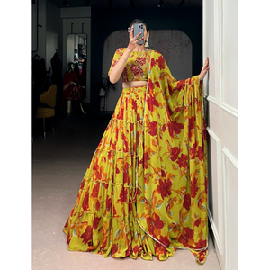 ชุดเลเฮนกาโชลีผ้าฝ้ายพิมพ์ลายพรีเมียมสำหรับเด็กผู้หญิง พร้อมผ้าคลุมไหล่ คอลเลคชั่นสำหรับงานแต่งงานและงานปาร์ตี้ช่วงฤดูร้อน - Product Image 1