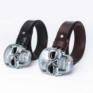 Ceinture en cuir véritable avec boucle tête de mort argentée, en cuir de vachette, décontractée, durable, moulée d'une seule pièce, noire et marron unies - Product Image 1