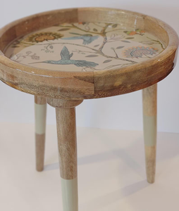Tabouret en bois fait main avec motif floral et oiseaux, meuble d'appoint moderne du milieu du siècle pour salon, chambre, entrée, décoration intérieure - Product Image 1