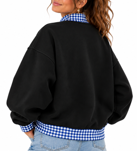 Custom Logo Women’s Oversized <b>Mock</b> Neck Sweatshirt Lightweight Cotton Gingham Drop Shoulder Private Label Pullover - Product Image 2