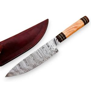 Cuchillo de Chef Personalizado Hecho a Mano Jexmoo con Hoja de Acero de Damasco de 8 Pulgadas, Mango de Madera y Funda de Cuero - Regalo para Chef - Product Image 1