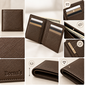 Beena's <b>Men's</b> Genuine Leather Slim <b>Wallet</b> Open Closure Vintage Geometric Pattern Short <b>Brown</b> Daily Use - Product Image 4