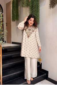 Ivory Embroidered Silk <b>Kurta</b> Palazzo Set <b>Women</b> Traditional Regular Fit Floor-Length Quick Dry Outfit India Pakistan Casual Wear - Product Image 3