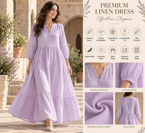 Elegante Vestido Maxi de Lino con Cuello en V, Manga Larga, Estilo Fluido con Volantes, Casual, para Verano y Vacaciones, Antiestático, Estilo Boho - Product Image 5