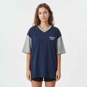 Hawk Eye Women's Navy Blue <b>V</b>-<b>Neck</b> <b>Oversized</b> <b>T</b>-<b>Shirt</b> Short Sleeve Color Blocked Loose Fit Cotton Jersey Top Spring Summer - Product Image 3