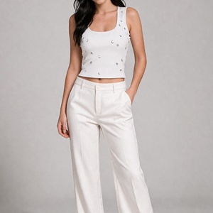 Affordable price Wholesales White Regular Tank <b>tops</b> Solid Square Neck Sleeveless Knitted Women's Breathable Tank <b>Top</b> Short BD - Product Image 1