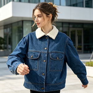 Trend Women's Woven Denim Bomber Jackets with <b>Fur</b> <b>Trim</b> Customizable Sizes & Colors Breathable Outdoor Winter Warm Jacket - Product Image 2