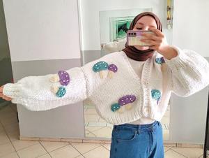 <b>Women's</b> <b>White</b> Hand Knitted <b>Cardigan</b> With Mushroom Appliques Puff Sleeve V Neck Crop Length Casual Sweater - Product Image 6